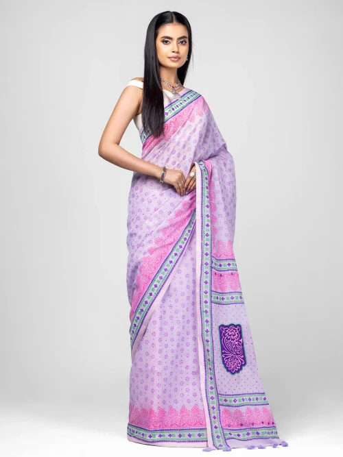    Lavender Printed and Embroidered Cotton Saree